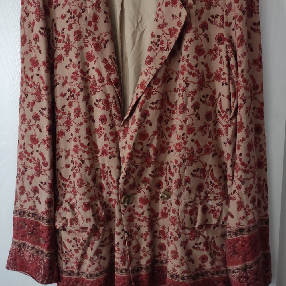 Free People Burgundy Coat Blazer Long Over Sized Linen Blend Rug Print Size L